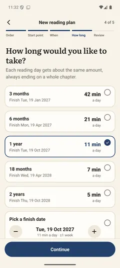 Ribbon asking how long you’d like to take, from 3 months to 2 years or a finish date you pick, with the minutes a day for each.
