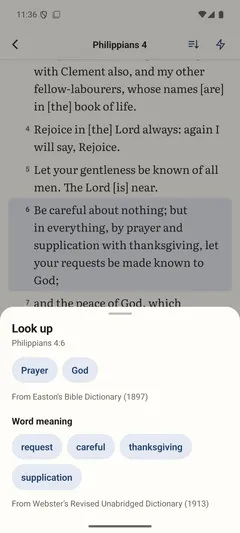 Look up on Philippians 4:6, with entries from Easton’s Bible Dictionary and word meanings from Webster’s dictionary.