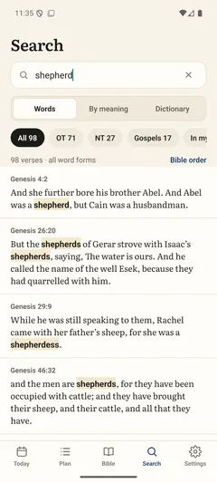 Ribbon’s search for “shepherd”: 98 verses, including other forms of the word, with the matches highlighted.