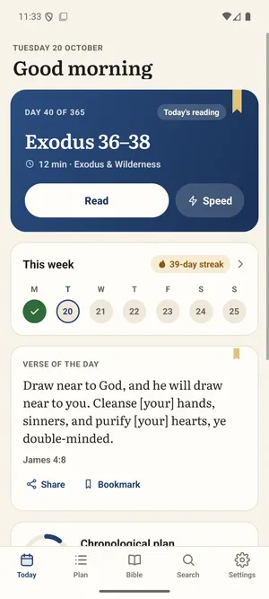 Ribbon’s Today screen: Day 40 of 365, Exodus 36–38, about 12 minutes, with Read and Speed buttons, this week’s readings and the verse of the day.